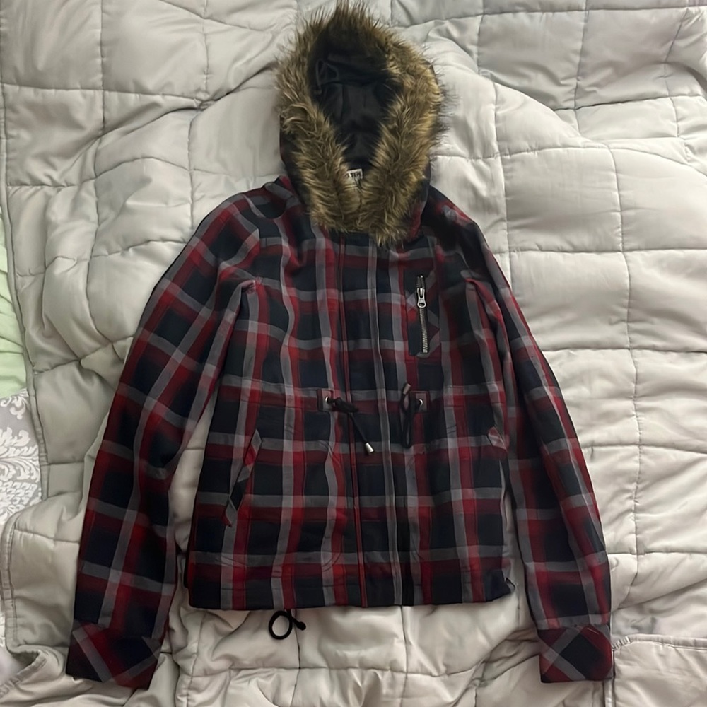 Hang Ten Red/Black Checkered Faux Fur Hoodie Light Jacket Size Small (Kids)